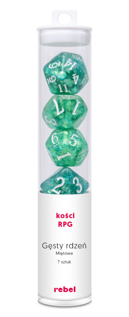 Komplet kości RPG Gęsty rdzeń - Miętowe (białe cyfry) Komplet kości RPG Gęsty rdzeń - Miętowe (białe cyfry)